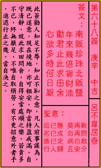 Guan Di Lingyi 68th Sign: Medium Auspicious Lv Bu wei Jiu Qi