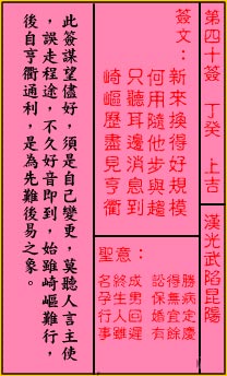 Guan Di Spiritual Signs Sign 40: Upper Auspicious Han Guangwu Falls into Kunyang