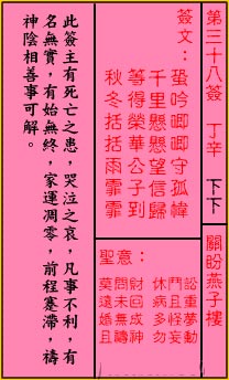 Guan Di Lingyi 38th Sign: Lower Guan Pan Pan lives alone in Swallow House.