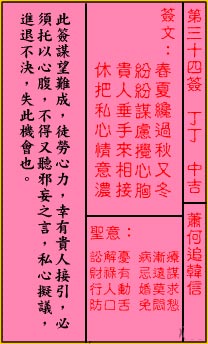 Guan Di Lunar Sign 34th Sign: Medium Auspicious Xiao He chases after Han Xin