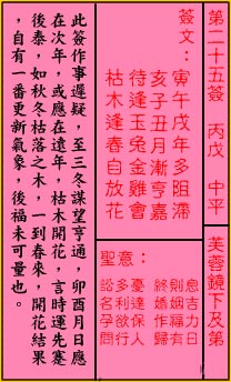 Guan Di Lingyi Sign #25: In the middle level, under the lotus mirror and the first place.