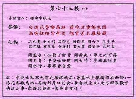 Wong Tai Sin Signs No. 73: Shang Shang Sun Lin wins the first prize in the imperial examinations.