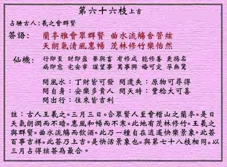 Wong Tai Sin Lunar Sign No. 66: Upper auspiciousness, Xizhi meets the wise men.