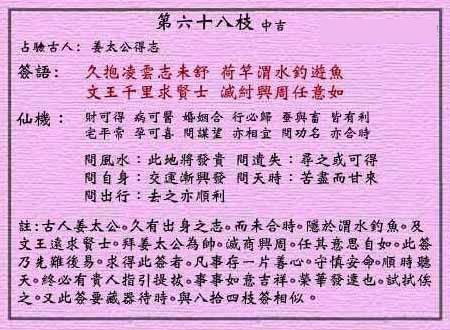 Wong Tai Sin Lunar Sign No. 68: Medium Auspiciousness Jiang Taigong's Ambition