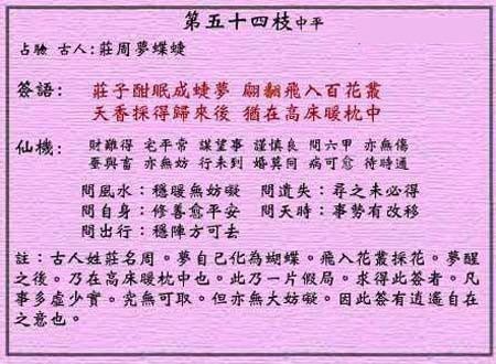 Wong Tai Sin Lunar Sign No. 54：Middle Level Zhuangzhou Dreaming of Butterfly