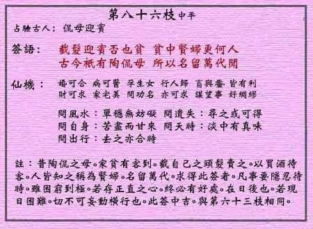 Wong Tai Sin Lunar Sign No. 86: Middle Peace Kannon Mother Welcomes Guests