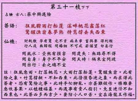 Wong Tai Sin Lunar Sign No. 31: Lower Lower Cai Zhongxing in danger